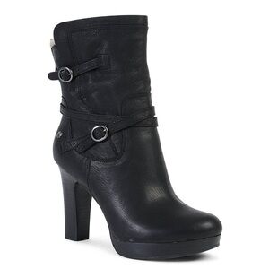 UGG Black Olivia Leather Sheepskin High-Heel Platform Boots  Women’s Size 8